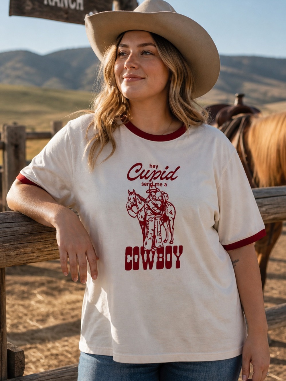 Cream Ringer Tee Cowboy Graphic Western Boho Chic Size XL